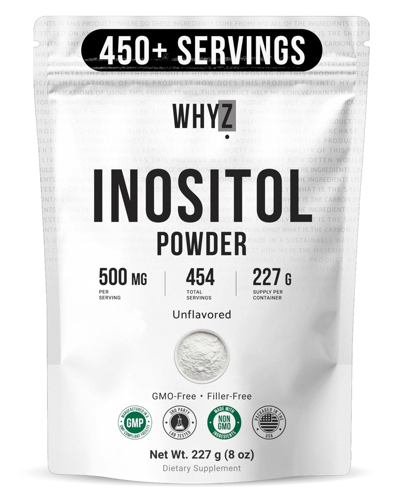 Myo-Inositol Pulver 8oz, Natürliche Myo-Inositol-Ergänzung für Ovarian-Unterstützung, Fruchtbarkeit und Hormongleichgewicht, reines Inositol-Pulver, Myo-Inositol-Ergänzung für Energie, Gehirngesundheit, 454 Servierungen