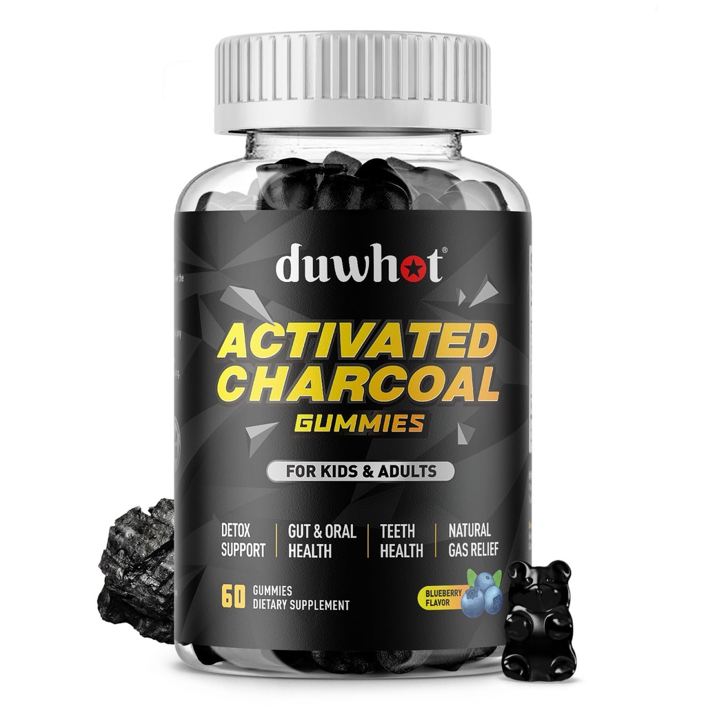 Aktivkohle-Gummi für Kinder, 500mg Chewable Activated Charcoal Supplement für Gas Relief, Detox, Verdauungs- und Mundgesundheit, Vegan Blueberry Flavor, 60 Count