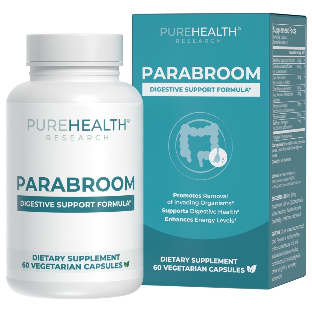 PUREHEALTH RESEARCH Parabroom - Gut Cleanse & Health Supplement - with Black Walnut, Sweet Wormwood Powder, Turmeric Extract, Olive Leaf, Garlic & Onion - Digestive Support for Women & Men 60 Capsules