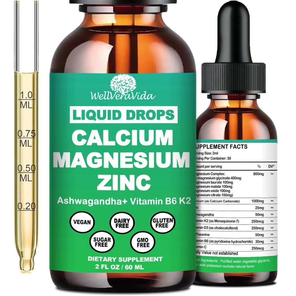 Calcium-Magnesium-Zink-Flüssigtropfen mit Vitamin D3 K2, hohe Potenz Calcium-Magnesium-Ergänzung w/Magnesium-Komplex, Zink, Theanine behandeltGluten Kostenlos für Immun-, Knochen-, Muskel-, Mood- und Schlafunterstützung