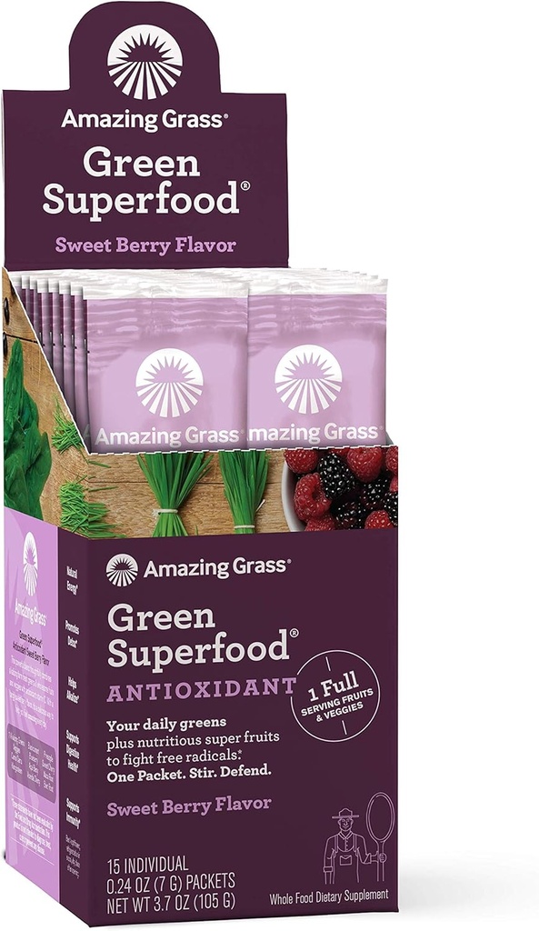 Csodálatos fű zöld Superfood Antioxidáns: Super Greens Powder Spirulina, Elderberry & Probiotics, Sweet Berry, 15 Servings