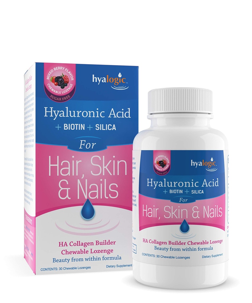 Hyalogic Hair Skin & Nails Hyaluronsäure Collagen Builder – Delicious Berry Flavored Collagen Boost Chewable Lozenges – Sugar Free Vegan Collagen Ideal, um Ihre natürliche Schönheit zu verbessern – 30 Count