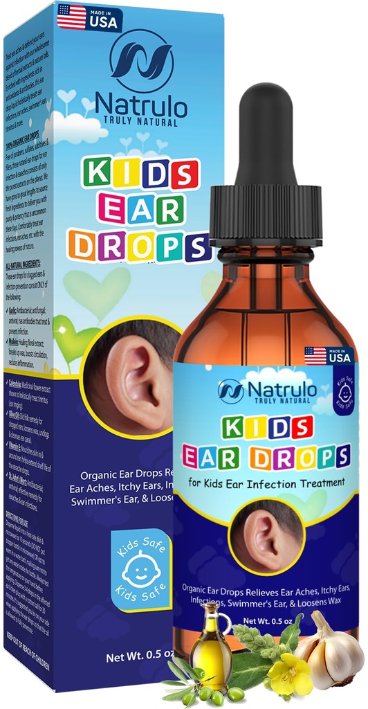 Natrulo Natürliche Ohr Tropfen für Kinder Ohr Infektionsbehandlung – Organische Kinder Ohr Öl Tropfen glaubt Ohren, juckende Ohren, Infektionen, Swimmer's Ear, & Loosens Wax – Kindersicher, Made in USA