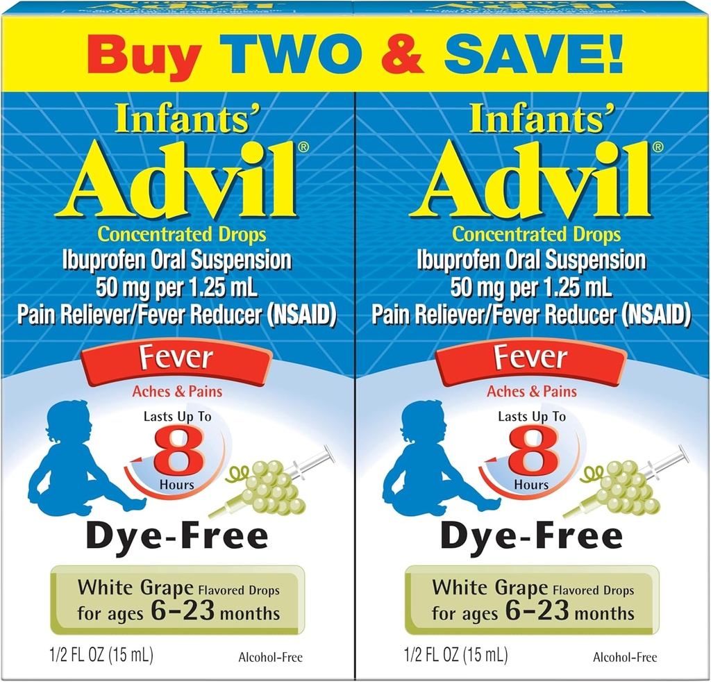 Infants' Advil Liquid Pain Reliever und Baby Fever Reducer, Infant Ibuprofen Dye Freie Schmerzlinderung und Fever Medizin, Weißer Grape - 0.5 Fl Oz (2 Pack)