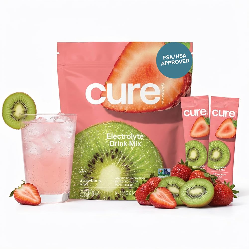 Cure Hydration, 124; Plant- Based Electrolyte Drink Mix 124; No Advanced Sugar, 124; FSA- HSA és 124; Dehidratation Relief Powder Made with Covine Water, 124; Non- GMO, 124; Vegan, 124; Pouch of 14 Packet - Strawberry Kiwi