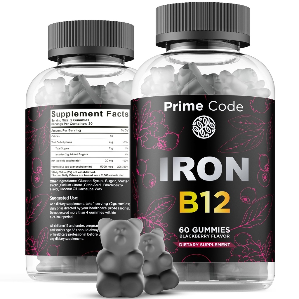 Vitamin B12 Gummi für Damen und Herren, 20mg Eisen Ergänzung für Erwachsene, Freier Blut Builder für Anämie, Vitamin B12 Gummi mit Eisen & Natürliche Blackberry Flavor, Vegan, Non-GMO, 30 Tage Versorgung