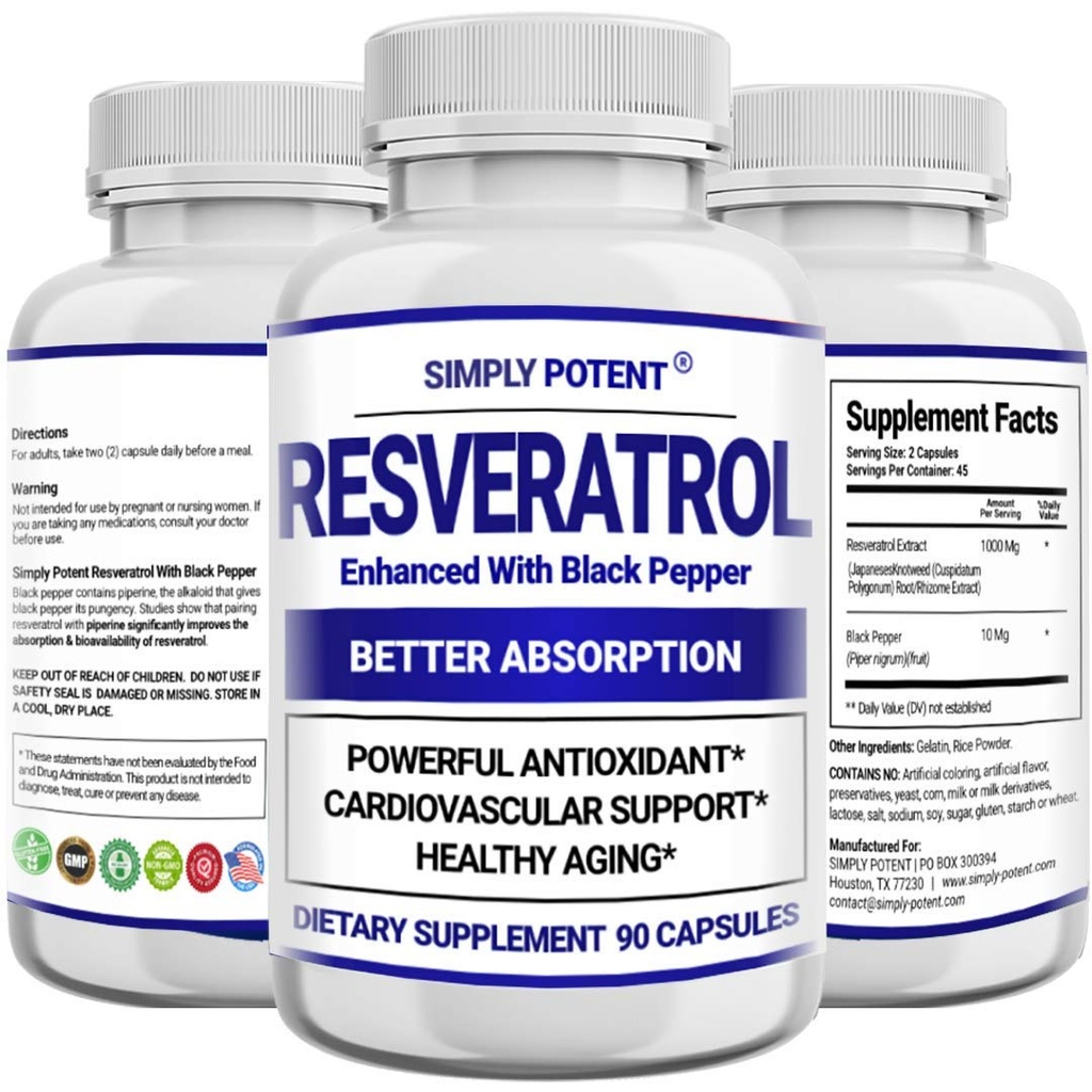 Resveratrol 1000mg Supplement, Trans Resveratrol 500mg, Resveratrol Enhanced with Black Pepper for Max Absorption, Leistungsstarke Antioxidante & Anti-Aging Pillen für Herz, Immun & Haut Gesundheit, 90 Kapseln