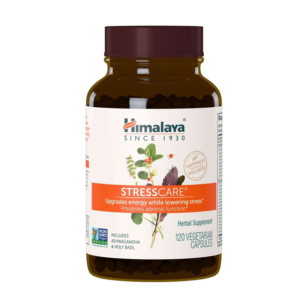 Himalaya StressCare, 30-Tage-Versorgung - Herbale Nebenniere Unterstützung für die Beruhigung, Entlastung Stress, Energieunterstützung und Schlaflosigkeit - Vegan, Non-GMO, Glutenfrei, 120 Kapseln