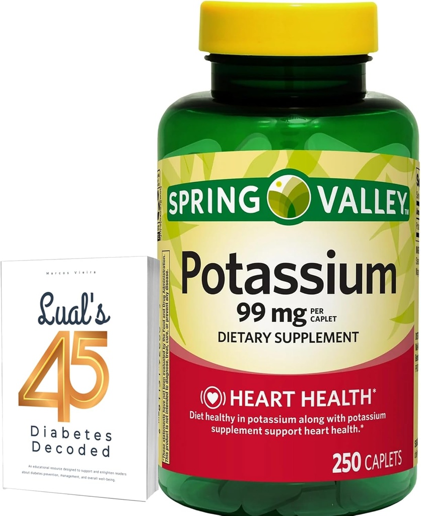 Spring Valley Kálium Heart Health Dietary Supplement Caplets, 99 mg, 250 Count, Kálium Gluconate Bundle Lual 45 Diabetes Decoded