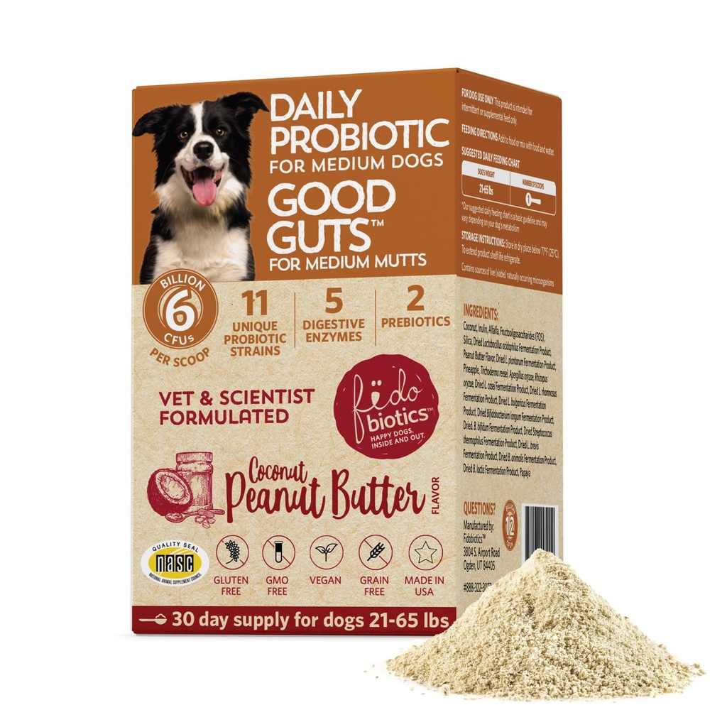 Fidobiotics Good Guts for Medium Mutts Probiotic for Dogs, 6 Billion CFUs, 11 Strains, 5 Verdauungsenzyme, 2 Prebiotics, Digestive Gut Health for Dogs, Adult & Puppy Probiotics Supplements (30 Tage)