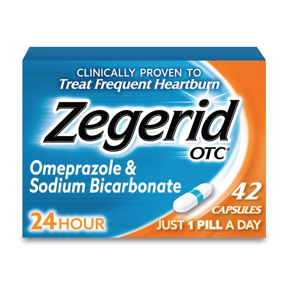 Zegerid OTC, 24- óra Heartburn Relief, Acid Reflux Medicine és Antacid, Kezelés gyakori Heartburn, Omeprazole 20mg + Nátrium-bikarbonát, Proton Pump Inhibitor (PPI), 42 kapszula