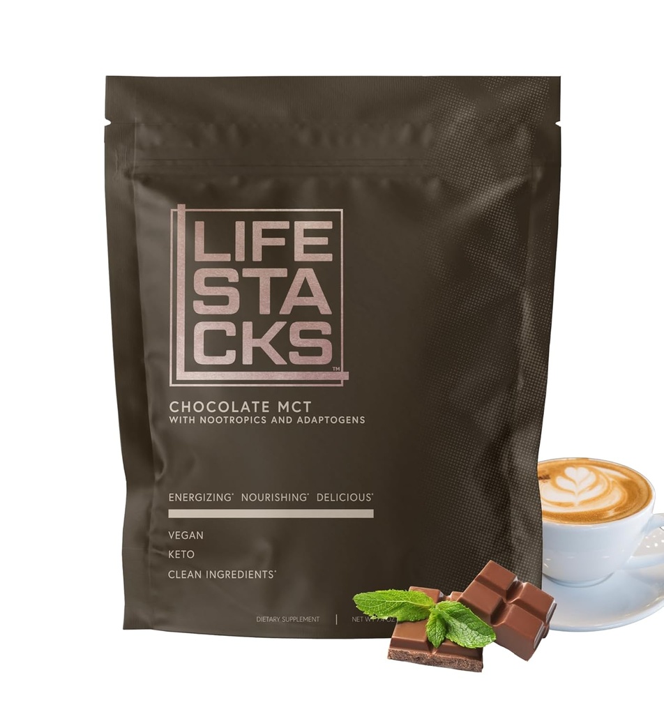 LIFESTACKS Focus Chocolate Coffee Creamer for Energy - MCT Powder + Nootropics + Adaptogens - Boost Productivity Without Jitters vagy Crash - Keto, Vegan, 0 Sugar - Taurine, L- Tirosine, Rhodiola