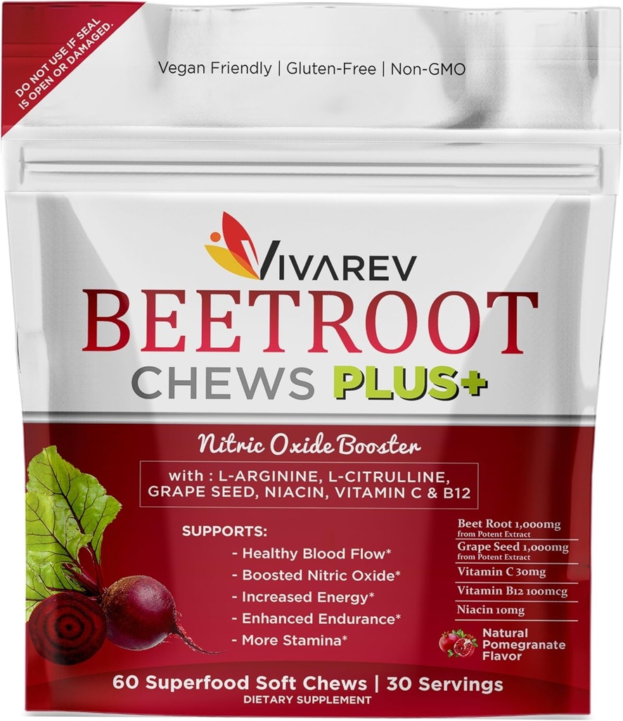 Cetroot nitrogén-oxid kiegészítés - 1000mg L-argininnal, L-citrullinnel, szőlőmagkivonat, niacin, C-vitamin & B12 - Beet Chews - 60-as csomag