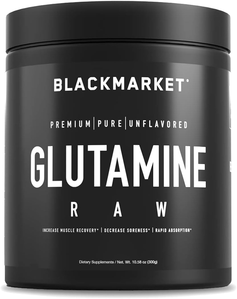 BLACKMARKET RAW Glutamin - Workout Powder Drink Mix für Männer & Frauen, Verbesserung der Erholung & Reduzieren Muskel Soreness, erhöhen Gedächtnis, Fokus, Konzentration, 300 Gramm