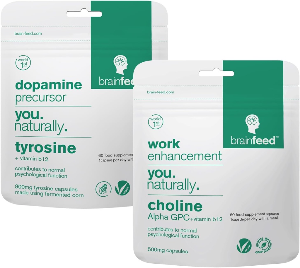 Gehirn Ergänzungen für Gedächtnis und Fokus | 2-Monat-Lieferung | 800mg L Tyrosin Dopamine Ergänzungen + 500mg Alpha GPC Choline | Konzentration Ergänzungen