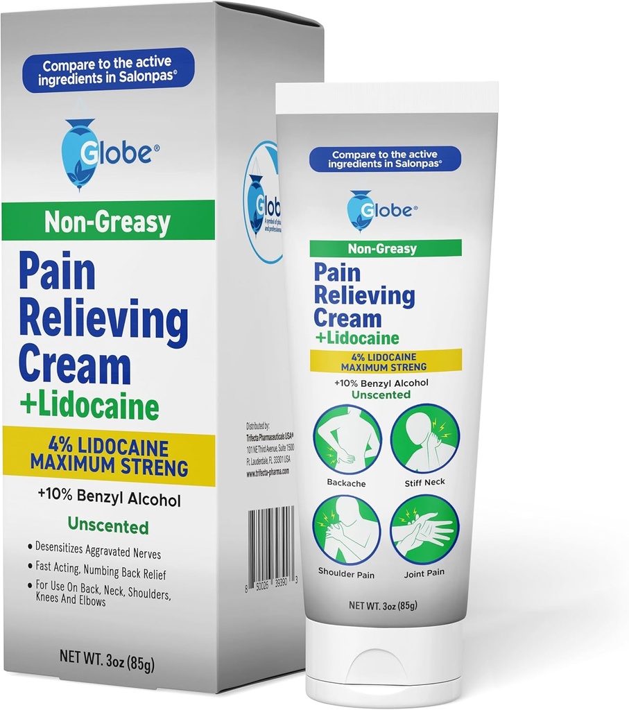 Globe Pain Relieving Cream Plus 4% Lidocaine, maximale Stärke Numbing Relief, Fast Acting-Therapie für Muskeln Erfolge, Gelenkschmerzen, Rückenschmerzen, Neck Schmerzen, Soreness, Sprains & Spasms, Unscented, 3oz