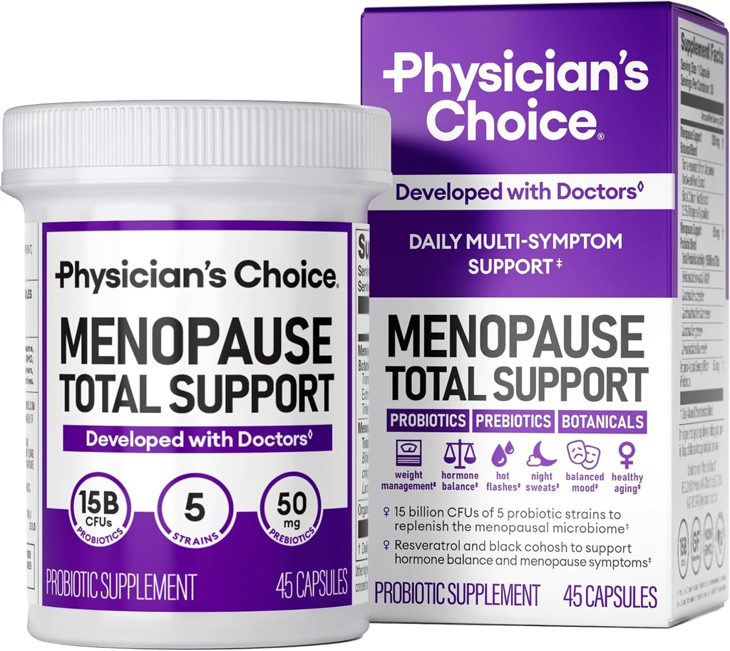 Physician's CHOICE Menopause Probiotische Ergänzung für Frauen - unterstützt Hormon Balance, Hot Flashes, Nacht Sweats, Gewichtsmanagement, Bloating & Gut Health - mit Black Cohosh, Resveratrol+ - 45ct