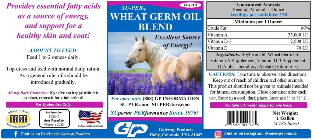 SU-PER Wheat Germ Ölmischung für Pferde - Unterstützt Energie, Ausdauer, Stamina, Gesunde Haut und Mantel - essentielle Fettsäuren, Vitamine und Mineralstoffe - 1 Gallon, 4 Monate Versorgung