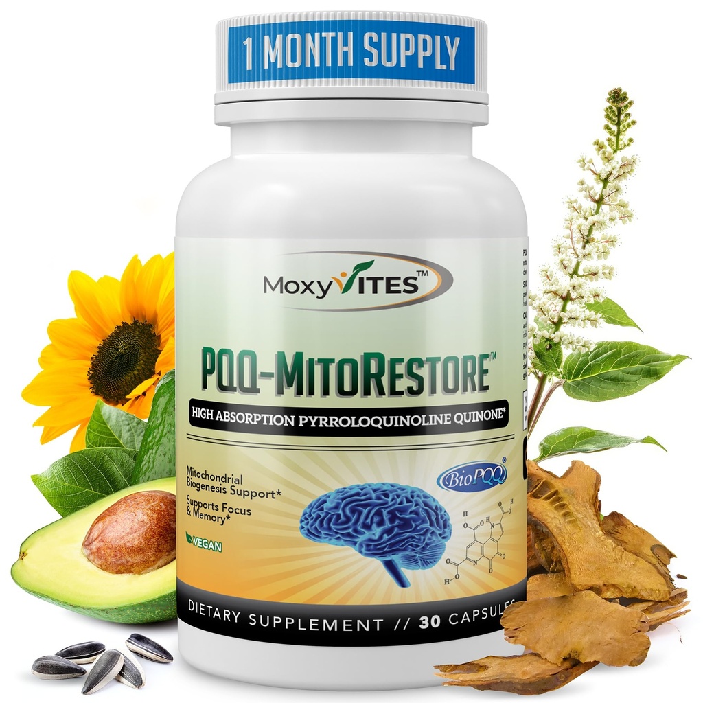 PQQ MITORESTORE Brain Ergänzungen für Gedächtnis und Fokus - Mitochondrien Ergänzung mit BioPQQ 20mg - Reinste Form NICHT chemisch synthetisiert, kognitiv und Herz Unterstützung - 30 Vegan Kapseln, Non GMO