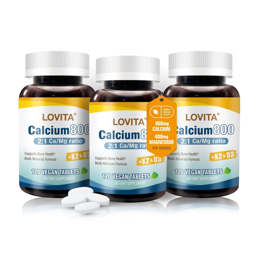 LOVITA Calcium Citrate 800 mg with Magnesium, Vitamin D3 & K2, Bone Strength & Density Supplement for Women & Men, Supports Teeth, Immune Health, Gluten Free, Non-GMO, 360 Vegan Tablets