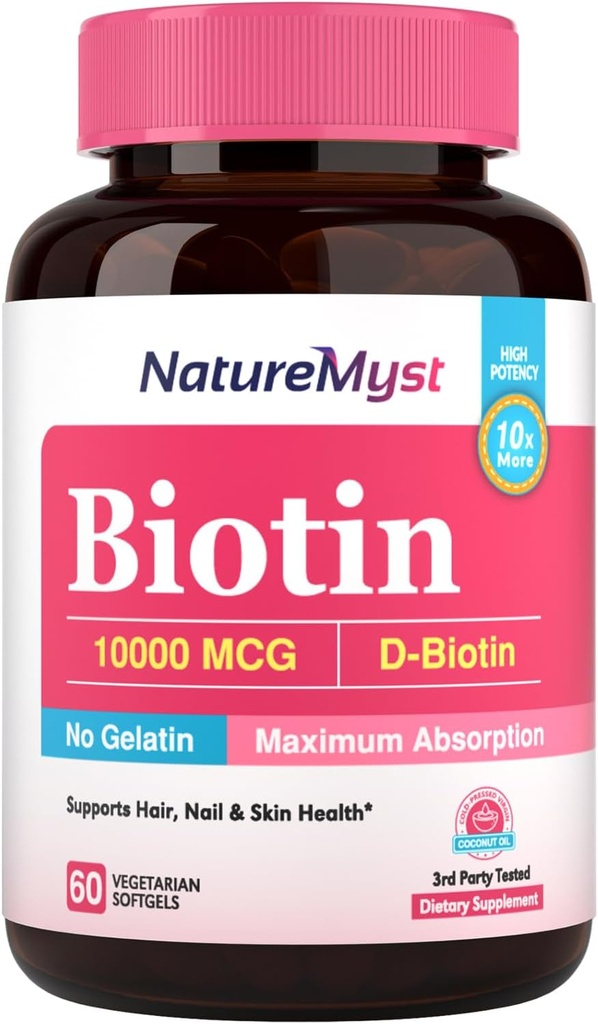 Biotin 10000 mcg, hohe Potenz, biologisch aktives, kaltgepresstes Kokosöl für maximale Absorption, keine Gelatine, Haare, Nägel, Haut, 60 vegetarische Softgele