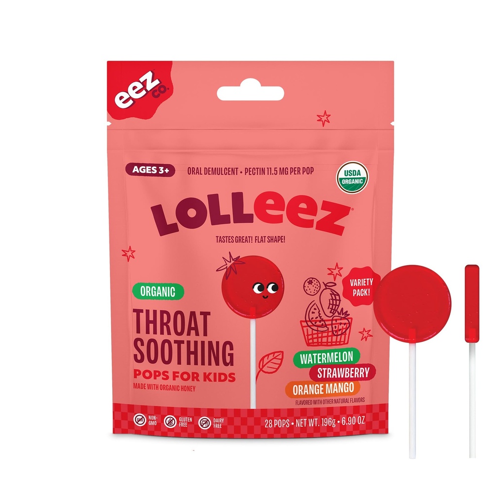 Lolleez Organic Lollipops gyerekeknek Sore Throat Relief, Variety Pack Perfect for Soothing A Sore Throat While Tasting Great, Strawberry, Görögdinnye & Orange Mango, 28 Count