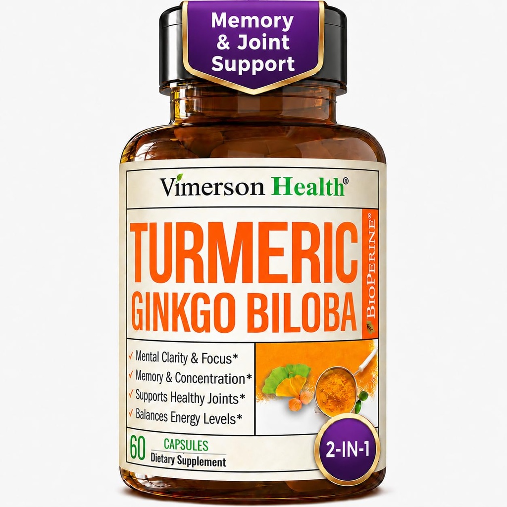 Ginkgo Biloba und Kurkuma Ergänzung mit schwarzem Pfeffer & Organic Tumeric – Natürliche Kurkuma Ergänzung für Fokus, Gedächtnis, Gelenk & Gehirn Gesundheit – 60 Vegan Ginko Biloba Kapseln mit Curcuma