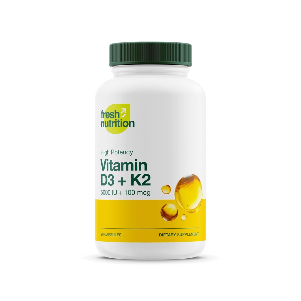 Friss táplálék Vegán D3 + K2 kapszula - 5000 NE D3 + 100 µg K2 mint MK- 7 az optimális felszívódáshoz - Immunegészség, Csontegészség, Hangulat - Nem GMO - 90 kapszula, 3 hónapos ellátás