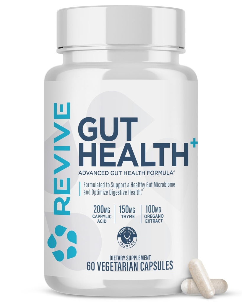Revive MD Gut Health Supplements for Men & Women - Napi Gut javítási és emésztési egészségügyi támogatás Forma Thyme, Oregano & Milk Thistle - Vegánbarát, gluténmentes - 60 vegetáriánus kapszula