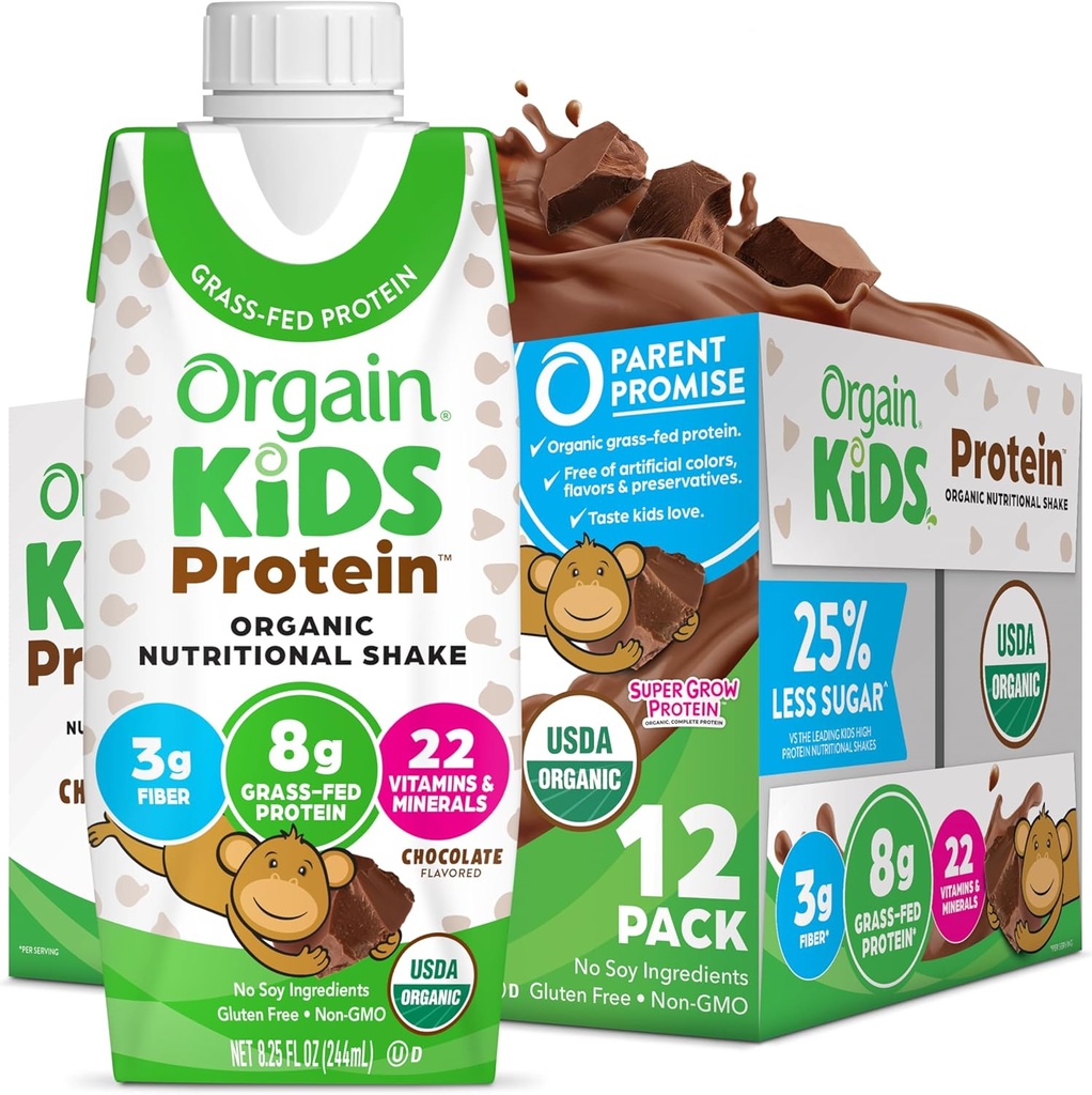Orgain Organic Kids Protein Nutritional Shake, Chocolate - 8g Protein, 22 Vitamine & Mineralstoffe, Früchte & Gemüse, Glutenfrei, Sojafrei, Non-GMO, 8.25 Fl Oz (Pack von 12)