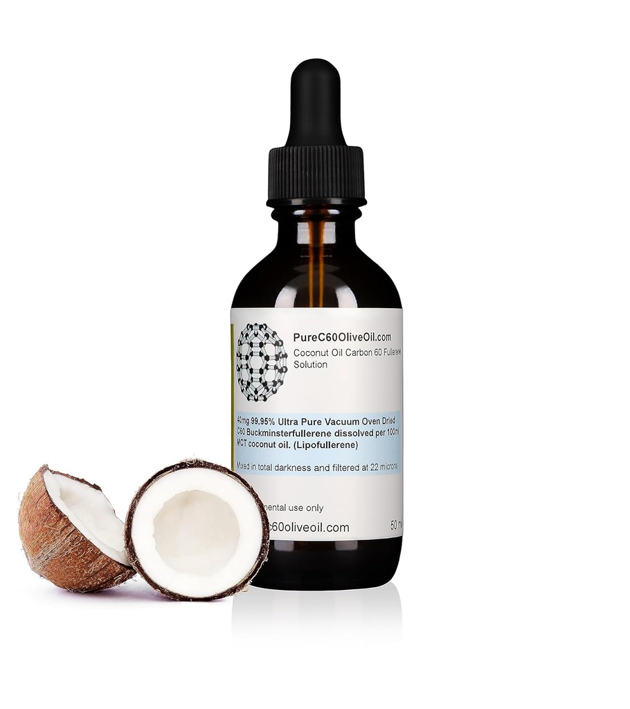 PureC60OliveOil C60 Organic MCT Coconut Oil 50ml / 1.7 Fl Oz - 99,95% Carbon 60 Solvent Free 20mg - Amber Glass Bottle - Food Grade - Carbon 60 MCT Coconut Oil - von The Lead Global Produzent