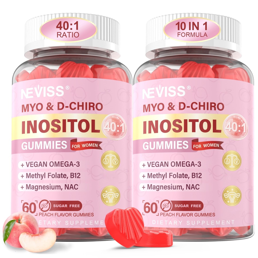 Myo-Inositol & D-Chiro Inositol Gummie für Damen 2000mg + 50mg, 40:1 Ratio Inositol mit Vegan Omega-3 + D3, Magnesium Glycinat, Methyl Folate + B12 für Frauen Gesundheit & Wellness, Sugar Free, 120 Cts