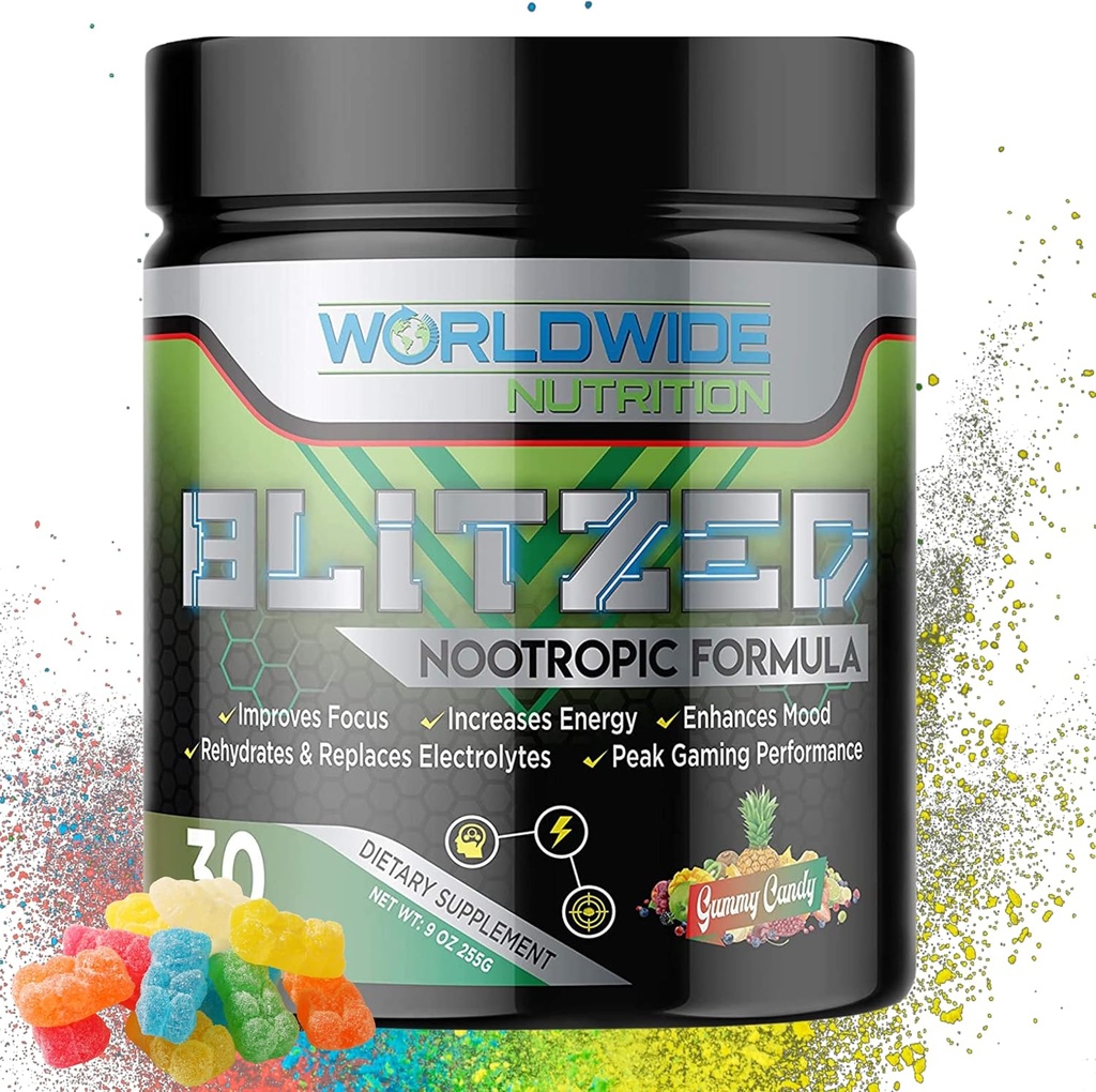 Weltweite Ernährung Blitzed Nootropic Formel - Alle natürlichen Energie-Getränk-Mischpulver - Gehirn-Ergänzungen für Gedächtnis und Fokus - Enhanced Fokus und Energie-Ergänzung- Gummy Candy Flavor - 30 Servierungen