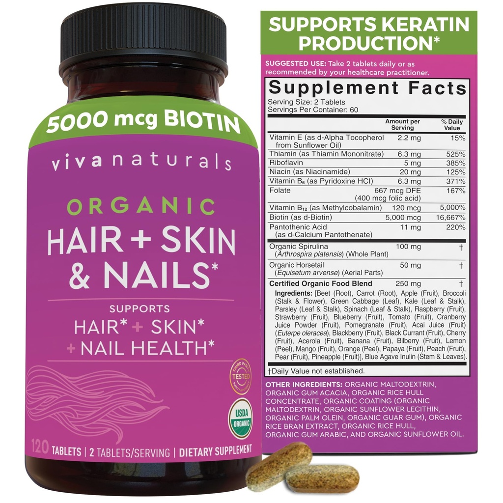 Biotin 5000 mcg Haarhaut Nägel Vitamine für Frauen – Organische und vegetarisch-Friendly Ergänzung mit Vitamin E, B-Vitamine, Spirulina, Pferdeschwanz und Superfood-Mischung, um Keratin zu produzieren – 120 Zähler