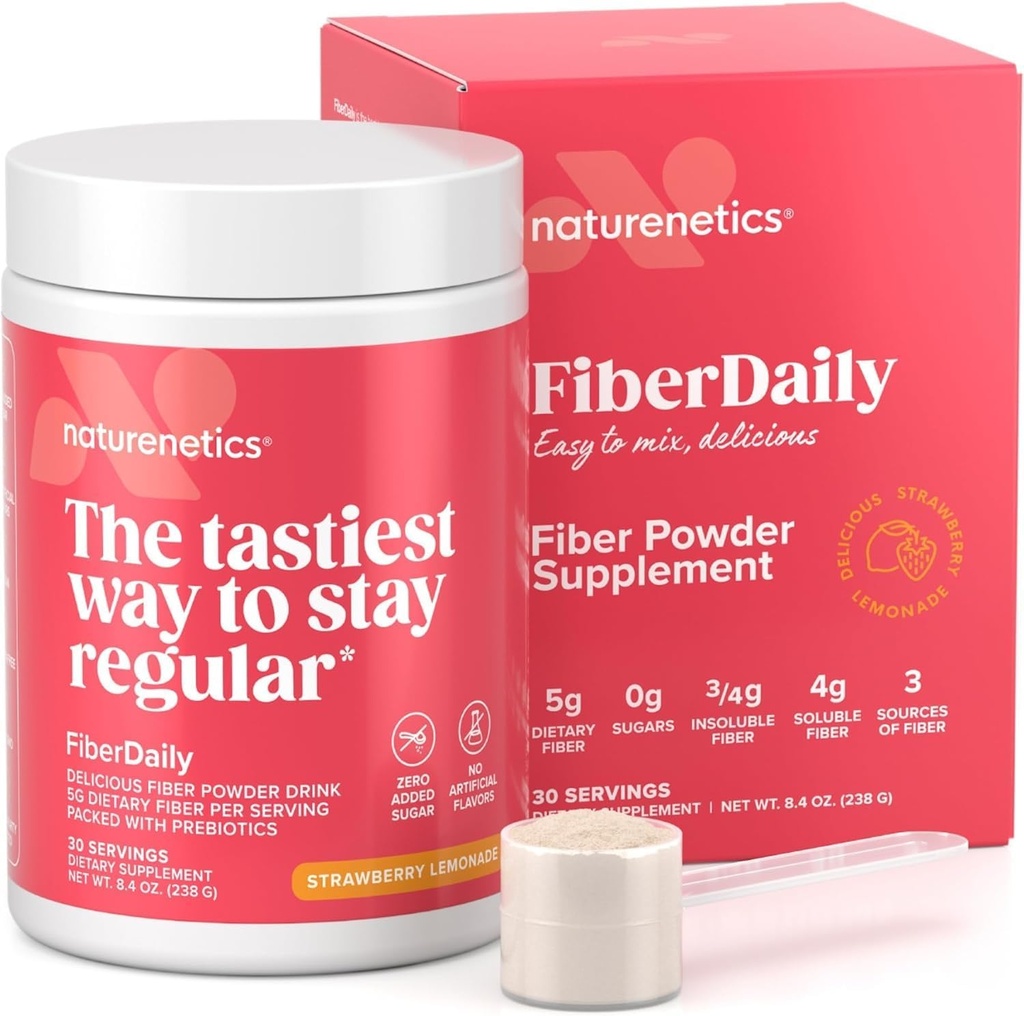 FiberDaily Delicious Fiber Powder - Organisches Psyllium Husk, Agave Inulin & Sunfiber® Guar Gum Erdbeeren-Limonade-Getränk, Zuckerfrei, lösliche Faser, Prebiotic Fiber Supplement, Vegan, 30 Portionen