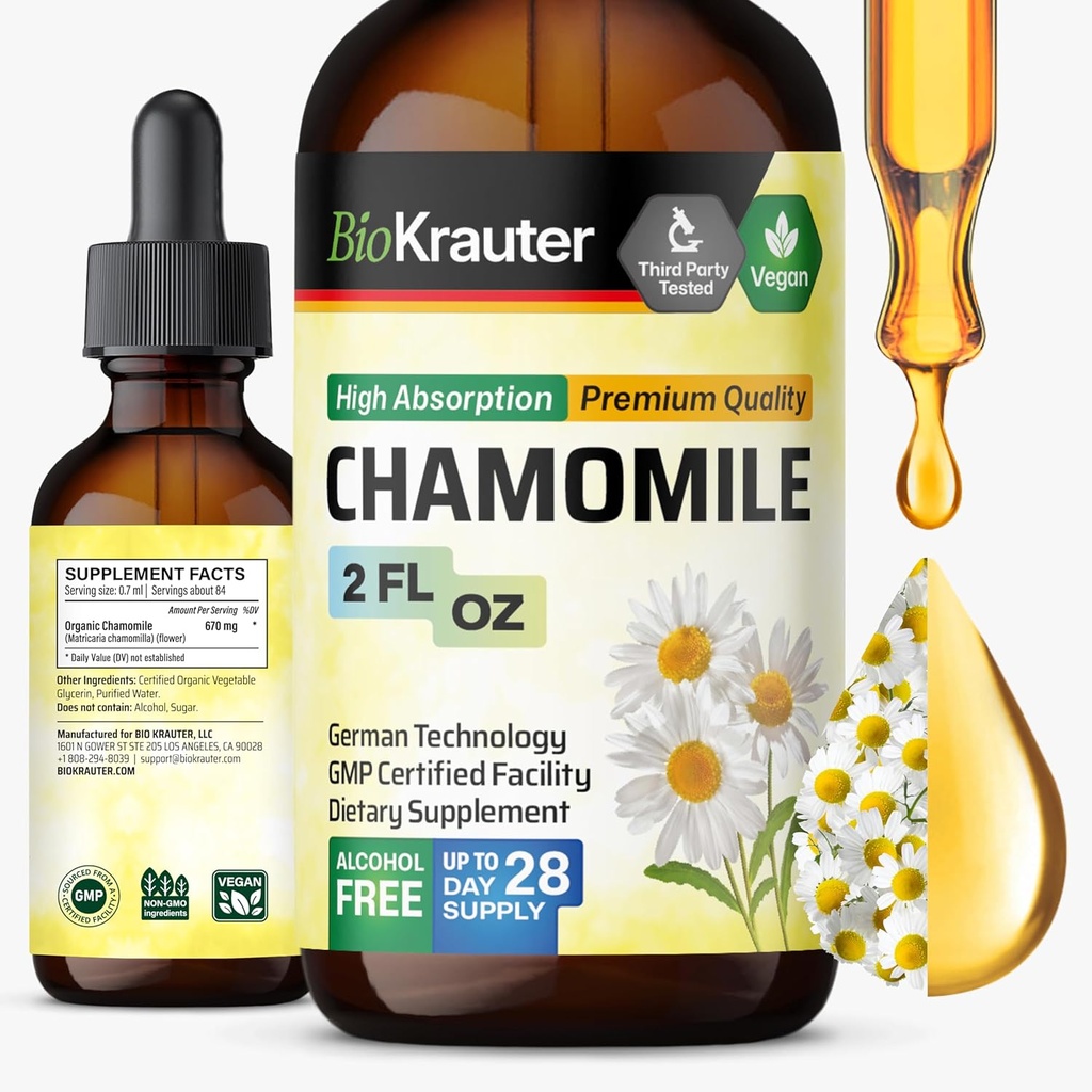 BIO KRAUTER Kamillenblüten Tinktur - Kamillenextrakt - Enthält Apigenin - Ergänzung für Entspannung und Beruhigung Unterstützung - Alkohol und Zuckerfrei - Vegan Tropfen 2 Fl.Oz.