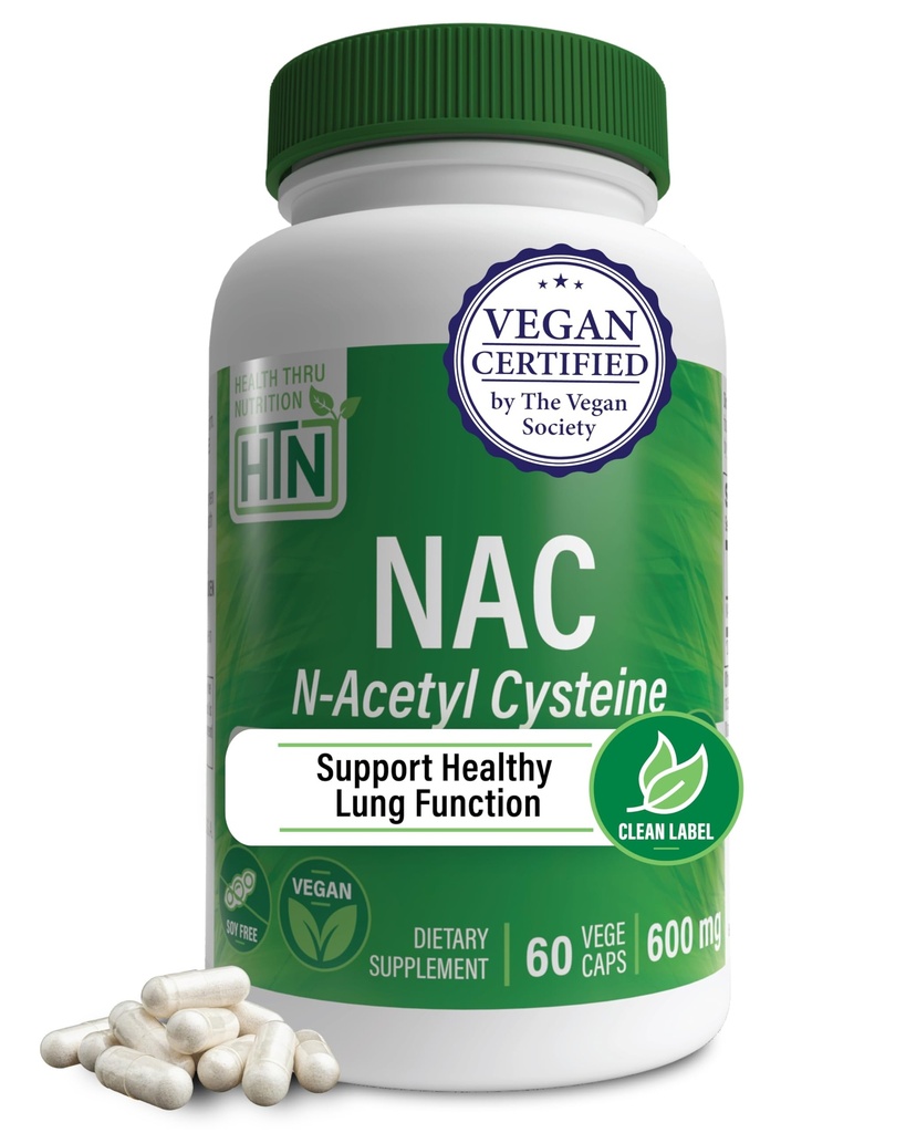Gesundheit Thru Nutrition NAC N-Acetyl-Cystein 600mg 60 Kapseln | Vegan Zertifiziert | Die reinste NAC-Ergänzung | Unterstützt gesunde Lunge, Liver Funktionen & Cellular Health | Non-GMO Soy & Gluten Free