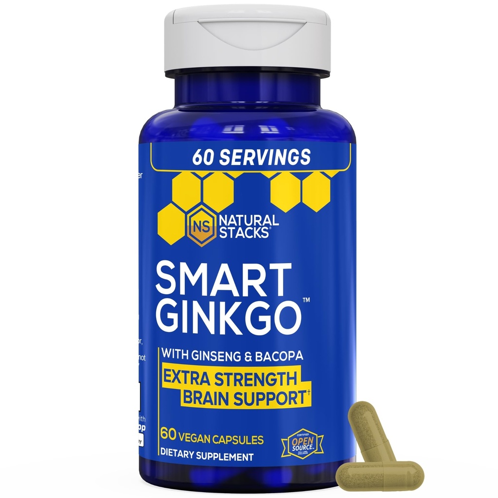 NATURAL STACKS Ginkgo Biloba Ergänzung mit 200mg Panax Ginseng & 200mg Bacopa Monnieri - Brain Ergänzungen für Gedächtnis und Fokus - Korean Ginseng für Gehirngesundheit Unterstützung - 60 Ginkgo Biloba Kapseln