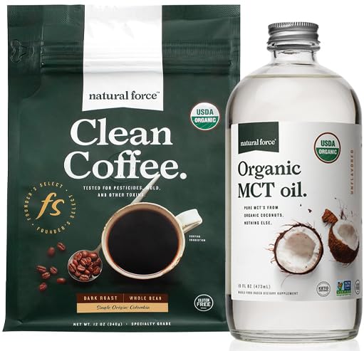 Natural Force Organic Dark Roast Clean Coffee + Organic MCT Oil Bundle - 100% Tiszta Kókuszdió MCT & Mold & Mycotoxin Free Coffee - Non-GMO, Keto, Paleo, Vegan - 12 Oz és 16 Oz