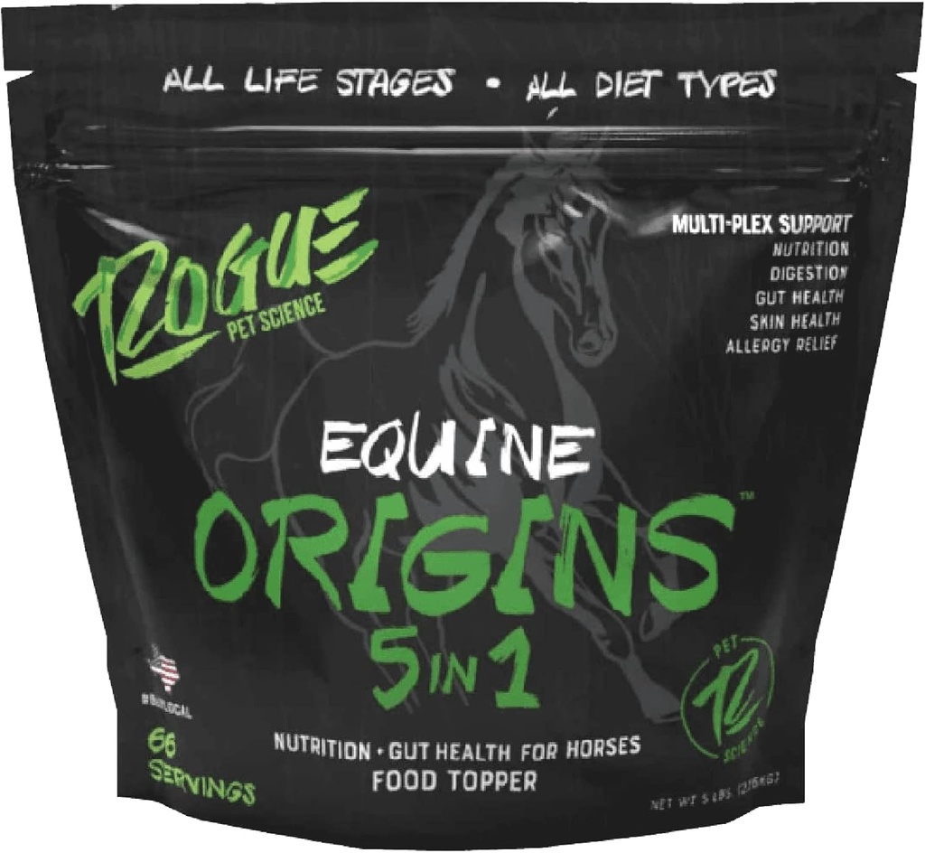 ROGUE PET SCIENCE Origins 5-in-1 Pferdeergänzung - Pelleted Equine Food Topper w/Natural Omega 3 Fish Oil - Unterstützt Gut Health, Ulcer Relief & Joints-Helps Allergien, Haut- und Fleischgesundheit (5 lbs)