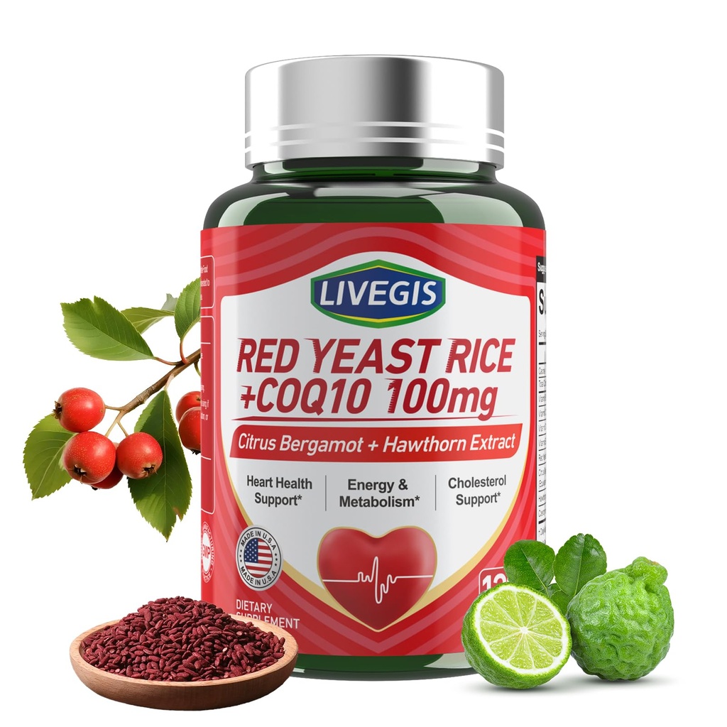 Red Yeast Rice 2000mg mit CoQ10 100mg - Citrininin Free Heart Health Supplement mit Citrus Bergamot & Hawthorn - Unterstützt gesunde Cholesterol Levels - Vegan, Non-GMO Kapseln 120 Zähler