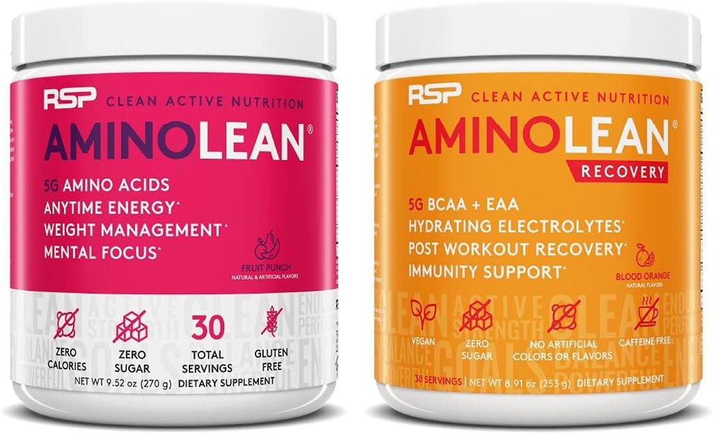 RSP NUTRITION AminoLean pre edzés energia (gyümölcs punch 30 Servings) AminoLean Recovery post edzés boost (vér narancs 30 Servings)