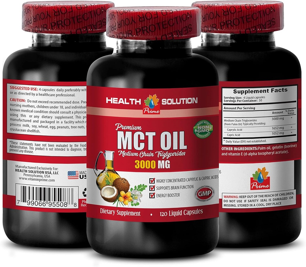 Energie-Support-Ergänzungen - MCT Oil 3600MG, 100% reine, mittlere Kette Triglyceride - mct Oil Made with Coconut Oil, mct Oil Pills, mct Oil for Memory, mct Oil for Brain, mct Coconut Oil - 1B 120Soft