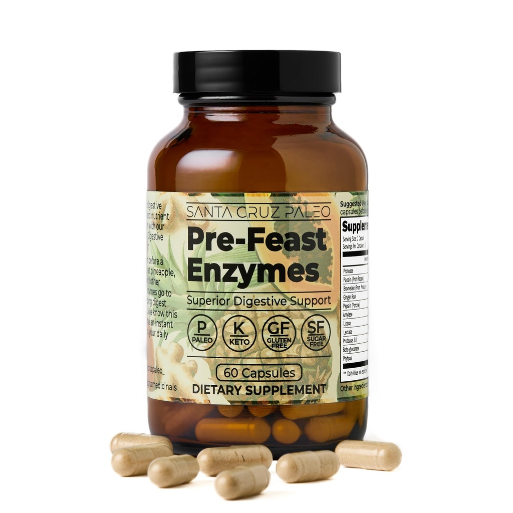 Santa Cruz Paleo Pre-Feast Digestive Enzyme für Frauen und Männer, Faserergänzung für Gut Gesundheit und Verdauungsgesundheit, Glutenfrei, Keto, Zuckerfrei, Paleo, mit Bromelain, Ginger Root, 60 Kapseln