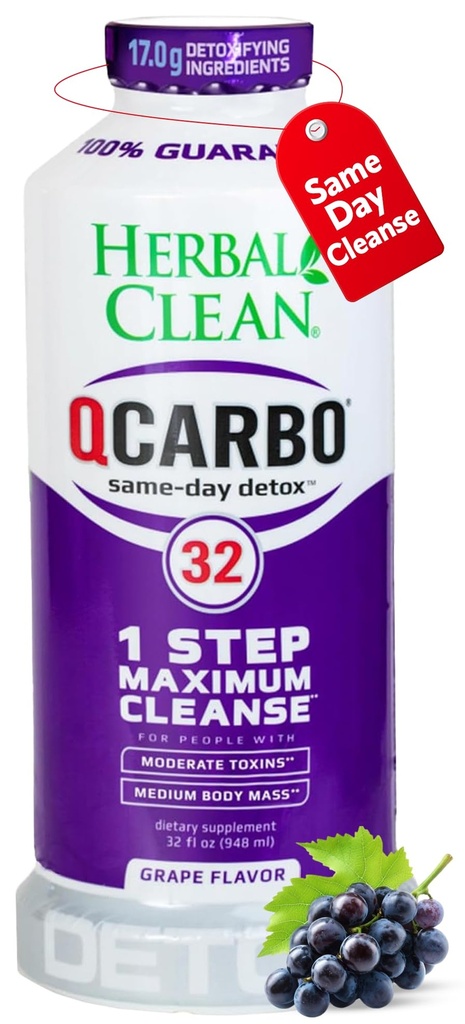 Kräuterreiniger Qcarbo32 Same Day Detox Cleanse Drink (32 fl oz) - Grape Flavor Full Body Cleanse* Detox Drink für hohe Toxin Level*, Vitamin B2 und Vitamin B12 für Männer und Frauen