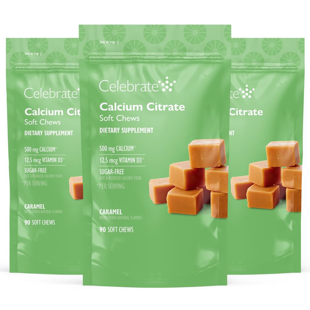 Celebrate Vitamine Bariatric 500mg Calcium Citrate Weichkäse mit 500 IU Vitamin D3 – essentiell für Magen-Bypass-Patienten & Knochengesundheit - Zucker & Glutenfrei, Karamell (270 Kauen)