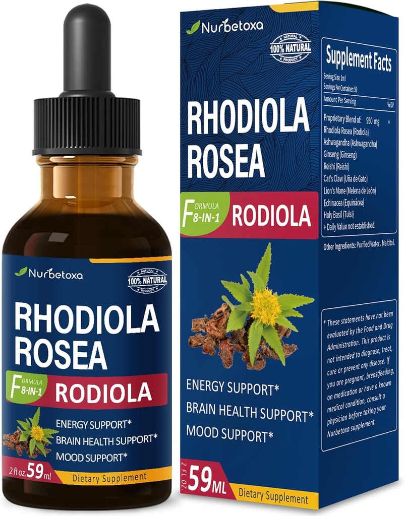 Rhodiola Rosea (Rodiola) Extrakt Tropfen, Natürliche Adaptogen Ergänzung / W Ashwagandha, Ginseng, Heilige Basilikum, & Echinacea für Energie, Gehirngesundheit, Immunität & Stimmung Unterstützung. 2oz