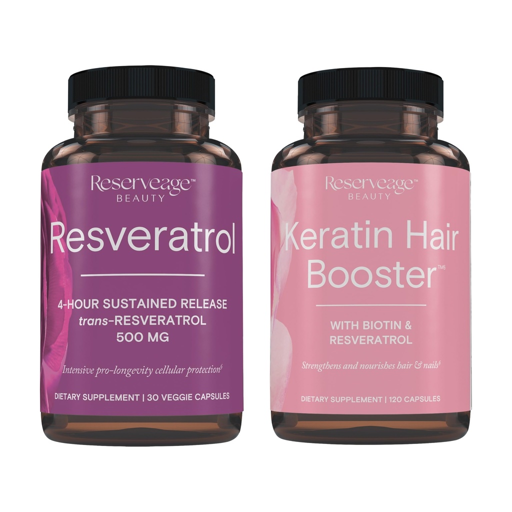 Reserve Schönheit, Resveratrol 500 mg, Antioxidans Ergänzung für Herz und zelluläre Gesundheit 30 Caps & Keratin Haar Booster mit Biotin & Resveratrol, Haar- und Nagelwachstum Ergänzung 120 Caps