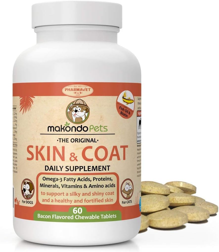 Skin and Coat Supplement mit Fischöl und Omega 3 für Hunde und Katzen - Hunde Itch Relief Tier Ergänzung für Shedding, trockene juckende Haut und Allergien - Hunde Allergie Behandlung Vitamine (60 Tabs)