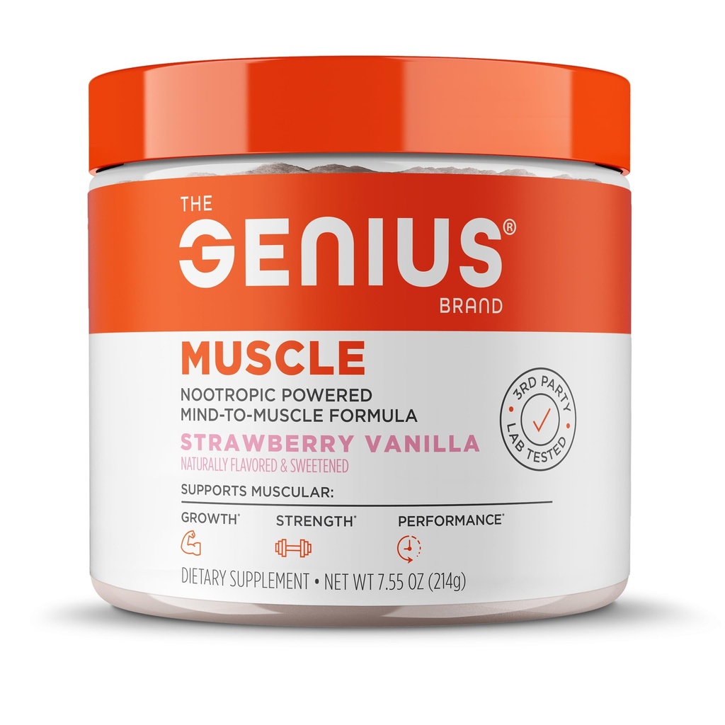 Die Genius Marke Genius Muscle - Muskel-Gesundheitsergänzung für Wachstum, Endurance & Recovery - Non-Hormonal Formula - 6 Organische Pilze - Natürlich gesüßt - 30 Servierungen - Erdbeer Vanille